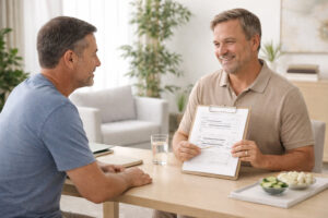 Man consulting with a medical weight loss professional about personalized treatment plans, reviewing progress charts, nutrition, and medication-supported wellness strategies.