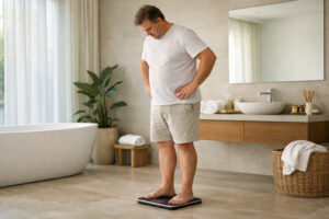 Middle-aged man checking his weight on a bathroom scale at home, evaluating personal health and weight loss progress in a modern, bright setting.