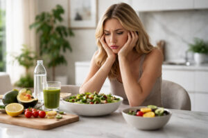 Frustrated woman struggling with healthy dieting at home, sitting before nutritious meals while facing challenges with weight loss and sustainable nutrition.