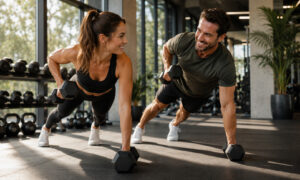 Two people performing strength training exercises with dumbbells in a gym, representing healthy lifestyle habits and side effect management during semaglutide weight loss therapy.