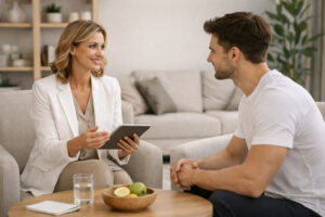 Healthcare professional consulting with a patient in a comfortable clinical setting, representing discussion of common tirzepatide side effects, treatment monitoring, and when to contact a medical provider during therapy.