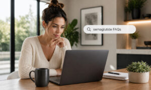 Woman researching semaglutide weight loss therapy FAQs on a laptop in a home office setting, representing patient education and treatment information search.