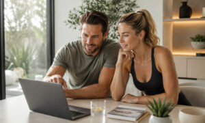 Athletic man and woman reviewing wellness information together on a laptop in a modern home setting, representing education, lifestyle planning, and collaborative support during medically guided peptide weight loss therapy.
