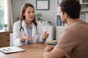 Doctor consulting with a patient during a medical evaluation and discussion about health considerations before starting semaglutide weight loss therapy.