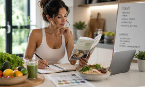 Woman reviewing a nutrition and wellness plan in a modern kitchen, surrounded by healthy foods and hydration options, representing lifestyle strategies that support better outcomes during medically supervised weight loss treatment.