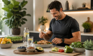 Man eating a healthy balanced meal with fresh vegetables and water, illustrating nutrition and hydration strategies during semaglutide weight loss therapy.