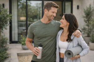 Smiling man and woman in activewear standing outdoors with a water bottle and yoga mat, representing healthy lifestyle habits, physical activity, and supportive wellness routines associated with peptide weight loss therapy.