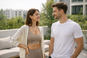 Smiling man and woman standing outdoors in athletic wear, representing healthy lifestyle changes and potential candidates for tirzepatide weight loss therapy.