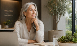 Mature woman seated in a modern wellness clinic thoughtfully looking ahead beside a laptop and water glass, representing personalized evaluation, healthy aging, and physician-guided candidacy assessment for peptide weight loss therapy.