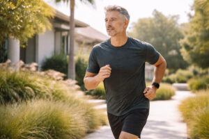 Active man jogging outdoors while learning about common side effects and management considerations during testosterone replacement therapy