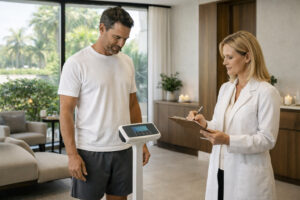 Healthcare provider explaining testosterone replacement therapy treatment options during a medical consultation