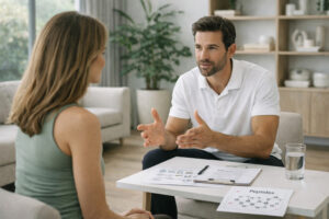 Patient discussing medical history and treatment goals with a healthcare provider before IV nutrient therapy