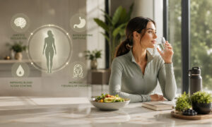 Woman practicing healthy eating and hydration habits during Cagrilintide weight loss therapy
