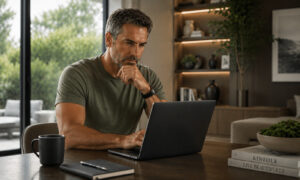 Man reviewing information about testosterone replacement therapy and hormone health