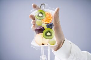 Intravenous infusion bag containing vitamins and nutrients used in IV nutrient therapy treatments