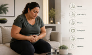 Woman experiencing digestive discomfort with icons illustrating common semaglutide side effects, including nausea, early fullness, bloating, constipation, indigestion, and headache.
