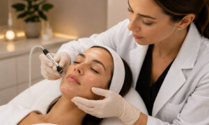 Licensed aesthetic provider performing a HydraFacial treatment to cleanse, exfoliate, and hydrate a patient's skin in a modern medical spa.