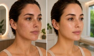 Before-and-after comparison of a woman's complexion showing visibly smoother skin, improved tone, and reduced redness following a facial skin rejuvenation treatment.