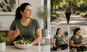 Woman practicing healthy lifestyle habits through balanced nutrition, walking, mindfulness, and journaling to support long-term weight management.