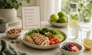 Balanced meal with lean protein, whole grains, vegetables, fruit, and water, illustrating healthy eating habits for sustainable weight management.