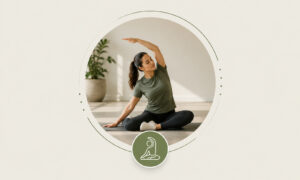 Woman performing a seated stretching exercise to improve flexibility, mobility, and recovery as part of a healthy weight management program.
