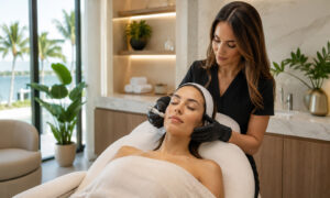 Licensed aesthetic provider performing a non-surgical facial rejuvenation treatment on a patient in a modern medical spa setting.