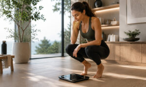 Woman tracking her weight on a smart scale as part of a medically supervised weight management and healthy lifestyle program.