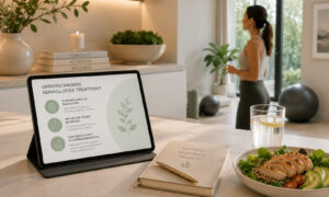Educational display about semaglutide treatment with a healthy meal, hydration, and exercise, representing a comprehensive medical weight management program.