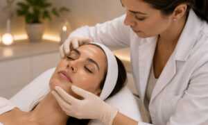 Medical aesthetic provider performing a facial skin assessment before a personalized non-surgical rejuvenation treatment in a modern wellness clinic.