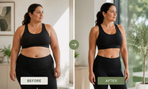 Before-and-after comparison showing body transformation following a medically supervised weight loss program with improved body composition and reduced abdominal fat.
