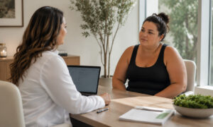 Healthcare provider consulting with a patient about a personalized medical weight management plan during a one-on-one wellness appointment.