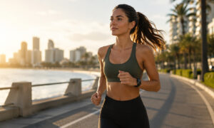 Woman jogging along a waterfront at sunrise, representing an active lifestyle that supports healthy weight management and overall wellness.